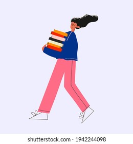 
ethnic business woman carries a stack of books and folders with documents.Layer assistant and court clerk.The clerk is doing paperwork.Office workload, multitasking and deadline.Trendy textured flat