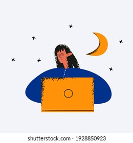 ethnic business woman fell asleep at night on a laptop.The concept of irregular schedule and insomnia.Burnout and overtime.Disturbed daily routine and high load.Trendy textured isolated flat character