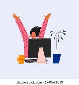 ethnic business woman rejoices at the computer.Achieving success at work Successful negotiations.The manager handed over the project and got the result.Freelancer in the workplace.Trendy flat isolated