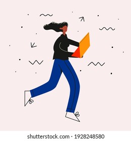 ethnic business woman runs with a laptop in stress for work.The concept of a crunch at work and rush.Tension burnout at job and deadline. Trerndy flat character with texture and disproportions