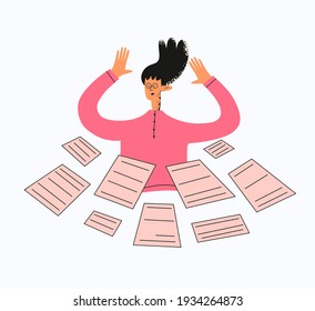 
ethnic business woman surrounded by documents.Business concept of deadline and problems at work.The femenist works hard.Stress in the office.Student exams.Trendy flat  textured character isolated