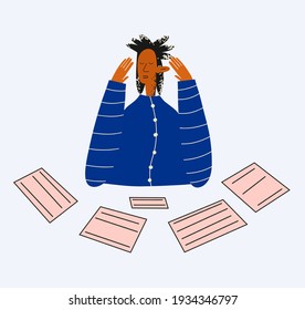 ethnic business woman surrounded by documents.Business concept of deadline and problems at work.The femenist works hard.Stress in the office.Student exams.Trendy flat  textured character isolated