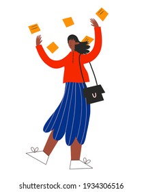 ethnic business woman throws stickers with tasks. Work stress and multitasking concept. Office routine and deadlines. Trendy flat textured character isolated.dismissal and business closure