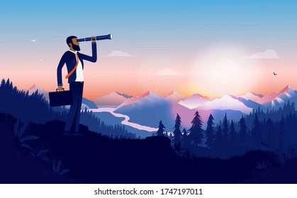 Ethnic Businessman Looking For Opportunities - Man Looking Into Binoculars In Beautiful Landscape Looking For New Business, Recruiting And Searching. Minority Career Success Concept. Vector.