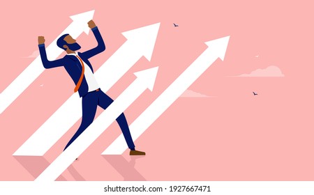 Ethnic businessman standing with raised hands and arrows pointing up. Career growth and success concept. Vector illustration.