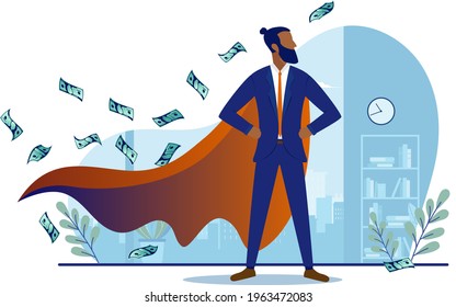 Ethnic businessman superhero - African-American man with red cape standing proud in office being a brave hero. Business winner and success concept. Vector illustration.