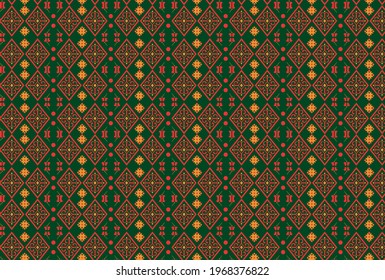 Ethnic butterfly with flower and rhombus abstract pattern. Design For Printing,  Textile pattern. Red and orange rhombu and Stars abstract pattern with green background