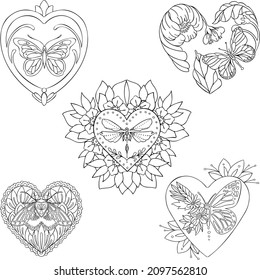 Ethnic butterfly in heart line  coloring book