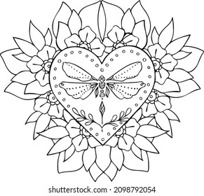 Ethnic butterfly in heart line  coloring book
