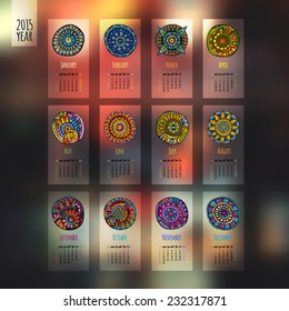 Ethnic calendar 2015 year blurred design, English, Sunday start