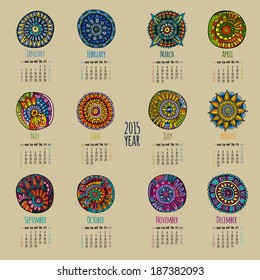 Ethnic calendar 2015 year design, English, Sunday start