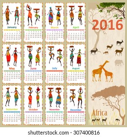 Ethnic Calendar for 2016 with beautiful African women. Vintage card with nature landscape.