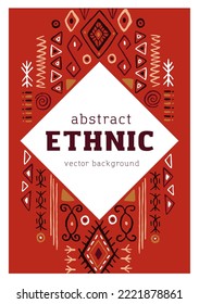 Ethnic card design with African tribal ornament, pattern. Modern abstract background, postcard template with ancient tribe geometric elements, shapes, navajo symbols. Flat vector illustration