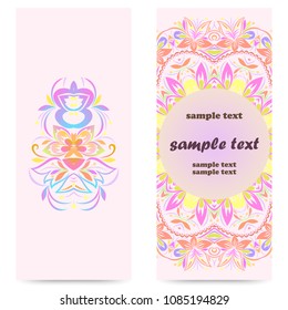 Ethnic card design. Colorful template, graphic flowers picture  . Ornamental business cards, oriental pattern. Vector print.