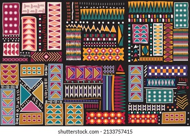 Ethnic carpet with geometric mosaic aztec style stripes on tile. majolica Antique interior,modern rugs,geographic print on kente clot textile.Tribal vector ornament seamless african pattern.multicolor