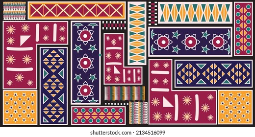 Ethnic carpet with geometric mosaic aztec style stripes on tile. majolica Antique interior,modern rugs,geographic print on kente clot textile.Tribal vector ornament seamless african pattern.multicolor