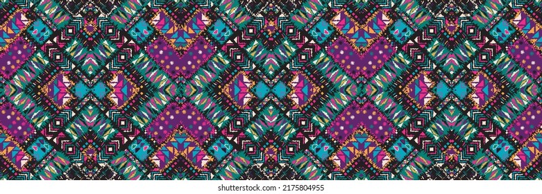 Ethnic carpet with geometric mosaic aztec style stripes on tile. majolica Antique interior,modern rugs,geographic print on kente clot textile.Tribal vector ornament seamless african pattern.multicolor