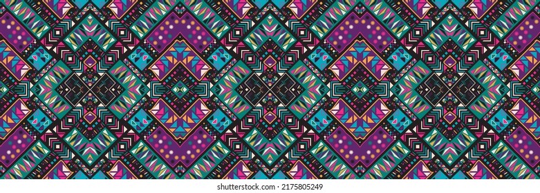 Ethnic carpet with geometric mosaic aztec style stripes on tile. majolica Antique interior,modern rugs,geographic print on kente clot textile.Tribal vector ornament seamless african pattern.multicolor