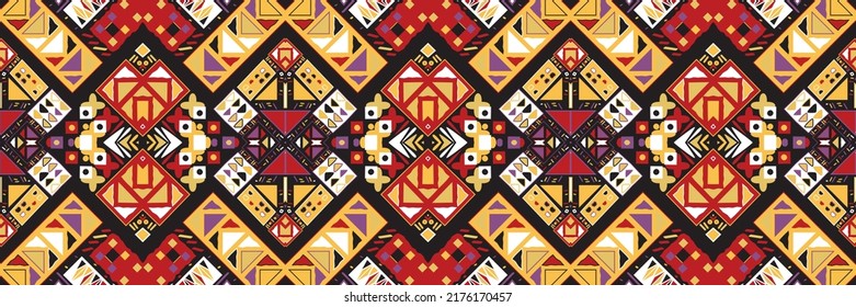 Ethnic carpet with geometric mosaic aztec style stripes on tile. majolica Antique interior,modern rugs,geographic print on kente clot textile.Tribal vector ornament seamless african pattern.multicolor