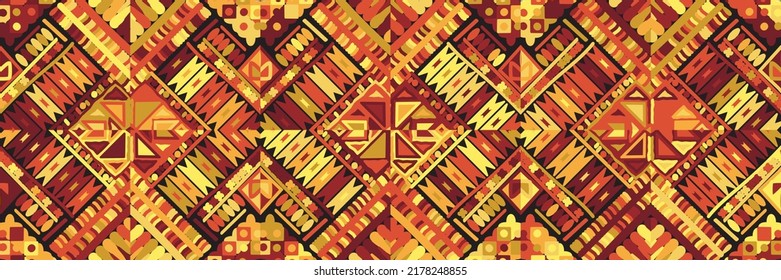 Ethnic carpet with geometric mosaic aztec style stripes on tile. majolica Antique interior,modern rugs,geographic print on kente clot textile.Tribal vector ornament seamless african pattern.multicolor