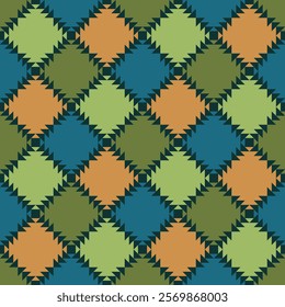 ethnic carpet. geometric ornament. vector seamless pattern. repetitive background. patchwork fabric swatch. wrapping paper. continuous print. textile design template. green, blue, orange colors