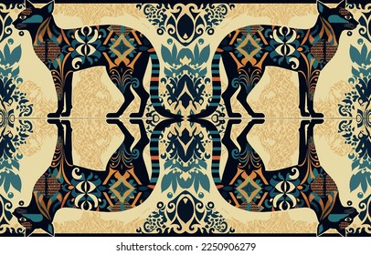 Ethnic cat fabric pattern. Abstract traditional folk antique graphic line cat body paint. Fabric textile cat vector illustration ornate elegant luxury vintage retro Egyptian style.