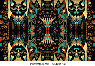 Ethnic cat face fabric pattern. Abstract traditional folk antique graphic line cat head. Fabric textile cat face vector illustration ornate elegant luxury vintage retro Egyptian style.