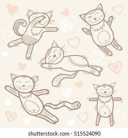 Ethnic cats with hearts - cartoon pattern. Vector retro sketch set.