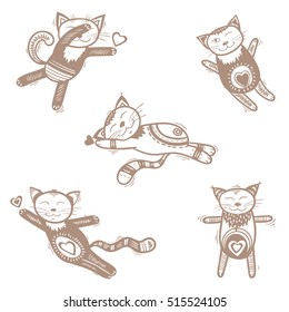Ethnic cats with hearts - cartoon pattern. Vector retro sketch set.