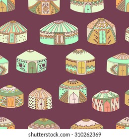 Ethnic central asian yurts vector seamless pattern