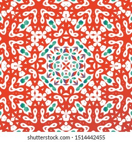 Ethnic ceramic tile in mexican talavera. Vector seamless pattern concept. Stylish design. Red vintage ornament for surface texture, towels, pillows, wallpaper, print, web background.