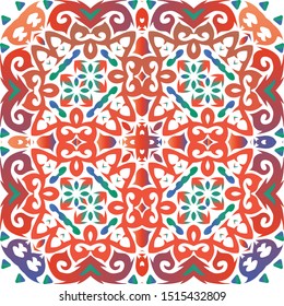 Ethnic ceramic tile in mexican talavera. Bathroom design. Vector seamless pattern poster. Red vintage ornament for surface texture, towels, pillows, wallpaper, print, web background.