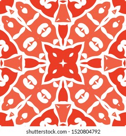 Ethnic ceramic tile in mexican talavera. Bathroom design. Vector seamless pattern illustration. Red vintage ornament for surface texture, towels, pillows, wallpaper, print, web background.