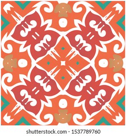 Ethnic ceramic tile in mexican talavera. Geometric design. Vector seamless pattern illustration. Red vintage ornament for surface texture, towels, pillows, wallpaper, print, web background.