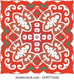 Ethnic ceramic tile in mexican talavera. Bathroom design. Vector seamless pattern illustration. Red vintage ornament for surface texture, towels, pillows, wallpaper, print, web background.