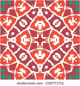 Ethnic ceramic tile in mexican talavera. Bathroom design. Vector seamless pattern illustration. Red vintage ornament for surface texture, towels, pillows, wallpaper, print, web background.