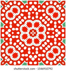 Ethnic ceramic tile in mexican talavera. Bathroom design. Vector seamless pattern illustration. Red vintage ornament for surface texture, towels, pillows, wallpaper, print, web background.