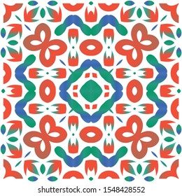 Ethnic ceramic tile in mexican talavera. Vector seamless pattern collage. Modern design. Red vintage ornament for surface texture, towels, pillows, wallpaper, print, web background.