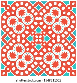 Ethnic ceramic tile in mexican talavera. Bathroom design. Vector seamless pattern illustration. Red vintage ornament for surface texture, towels, pillows, wallpaper, print, web background.
