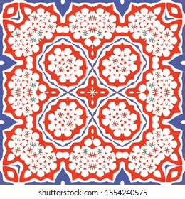 Ethnic ceramic tile in mexican talavera. Vector seamless pattern collage. Kitchen design. Red vintage ornament for surface texture, towels, pillows, wallpaper, print, web background.