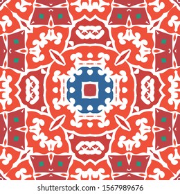 Ethnic ceramic tile in mexican talavera. Bathroom design. Vector seamless pattern illustration. Red vintage ornament for surface texture, towels, pillows, wallpaper, print, web background.