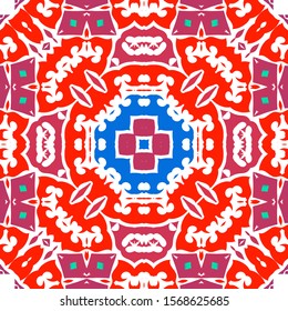 Ethnic ceramic tile in mexican talavera. Bathroom design. Vector seamless pattern illustration. Red vintage ornament for surface texture, towels, pillows, wallpaper, print, web background.