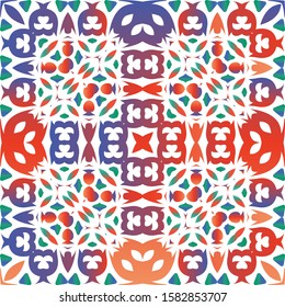 Ethnic ceramic tile in mexican talavera. Geometric design. Vector seamless pattern flyer. Red vintage ornament for surface texture, towels, pillows, wallpaper, print, web background.