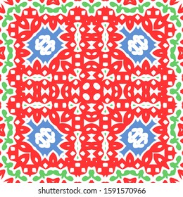 Ethnic ceramic tile in mexican talavera. Vector seamless pattern collage. Kitchen design. Red vintage ornament for surface texture, towels, pillows, wallpaper, print, web background.