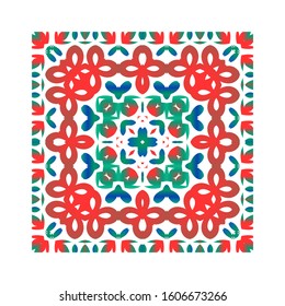 Ethnic ceramic tile in mexican talavera. Vector seamless pattern illustration. Stylish design. Red vintage ornament for surface texture, towels, pillows, wallpaper, print, web background.