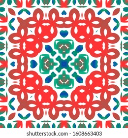 Ethnic ceramic tile in mexican talavera. Vector seamless pattern illustration. Stylish design. Red vintage ornament for surface texture, towels, pillows, wallpaper, print, web background.