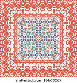 Ethnic ceramic tile in mexican talavera. Bathroom design. Vector seamless pattern illustration. Red vintage ornament for surface texture, towels, pillows, wallpaper, print, web background.