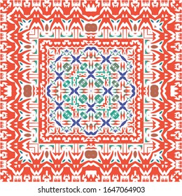 Ethnic ceramic tile in mexican talavera. Bathroom design. Vector seamless pattern illustration. Red vintage ornament for surface texture, towels, pillows, wallpaper, print, web background.
