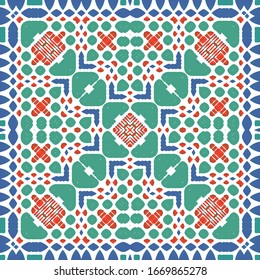 Ethnic ceramic tile in mexican talavera. Bathroom design. Vector seamless pattern illustration. Red vintage ornament for surface texture, towels, pillows, wallpaper, print, web background.