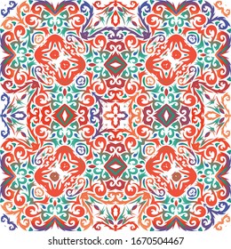 Ethnic ceramic tile in mexican talavera. Vector seamless pattern collage. Original design. Red vintage ornament for surface texture, towels, pillows, wallpaper, print, web background.